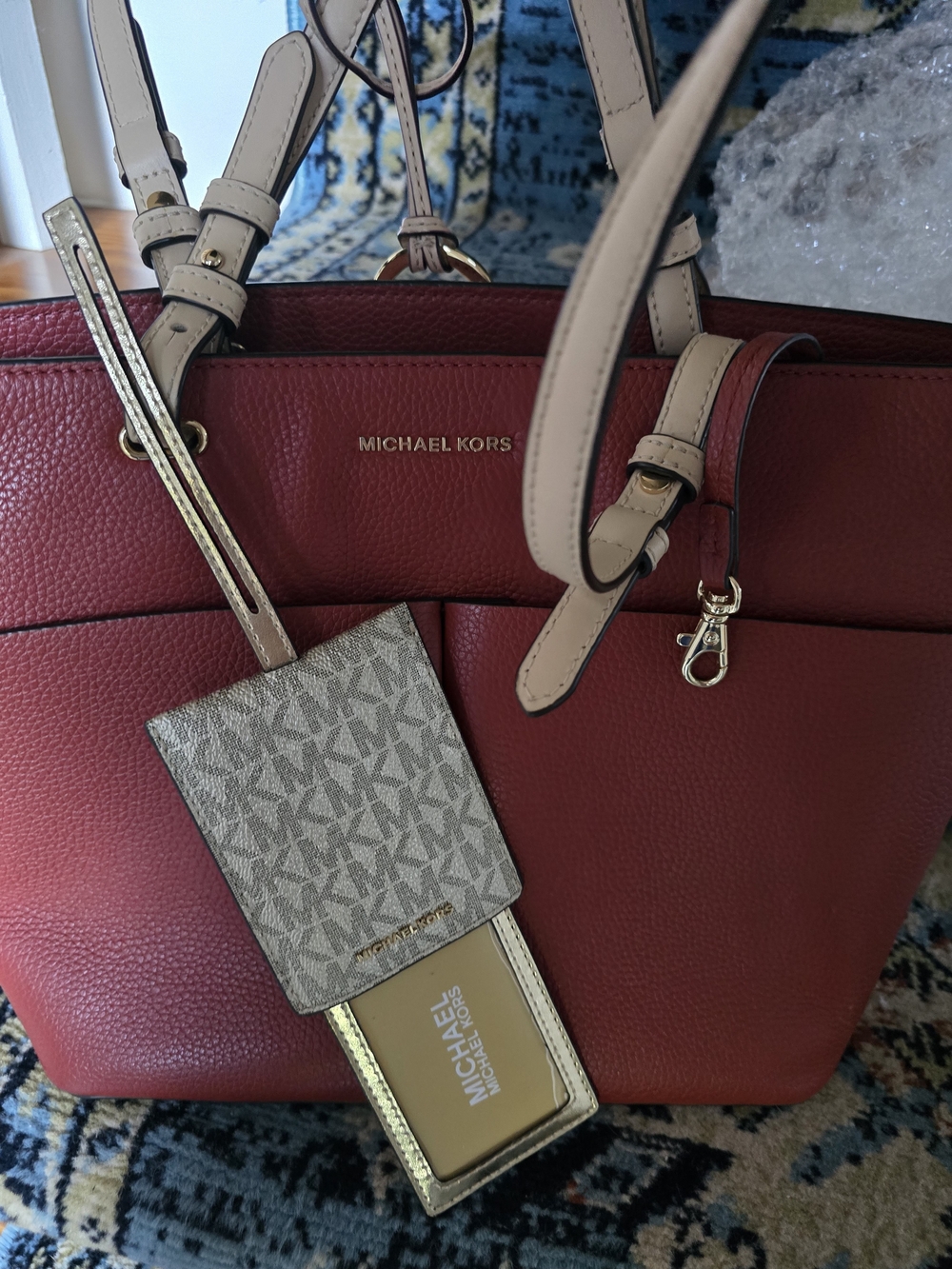 Michael Kors Brown (Rust) Leather Tote with Beige Trim and Gold Accents (Bundle)